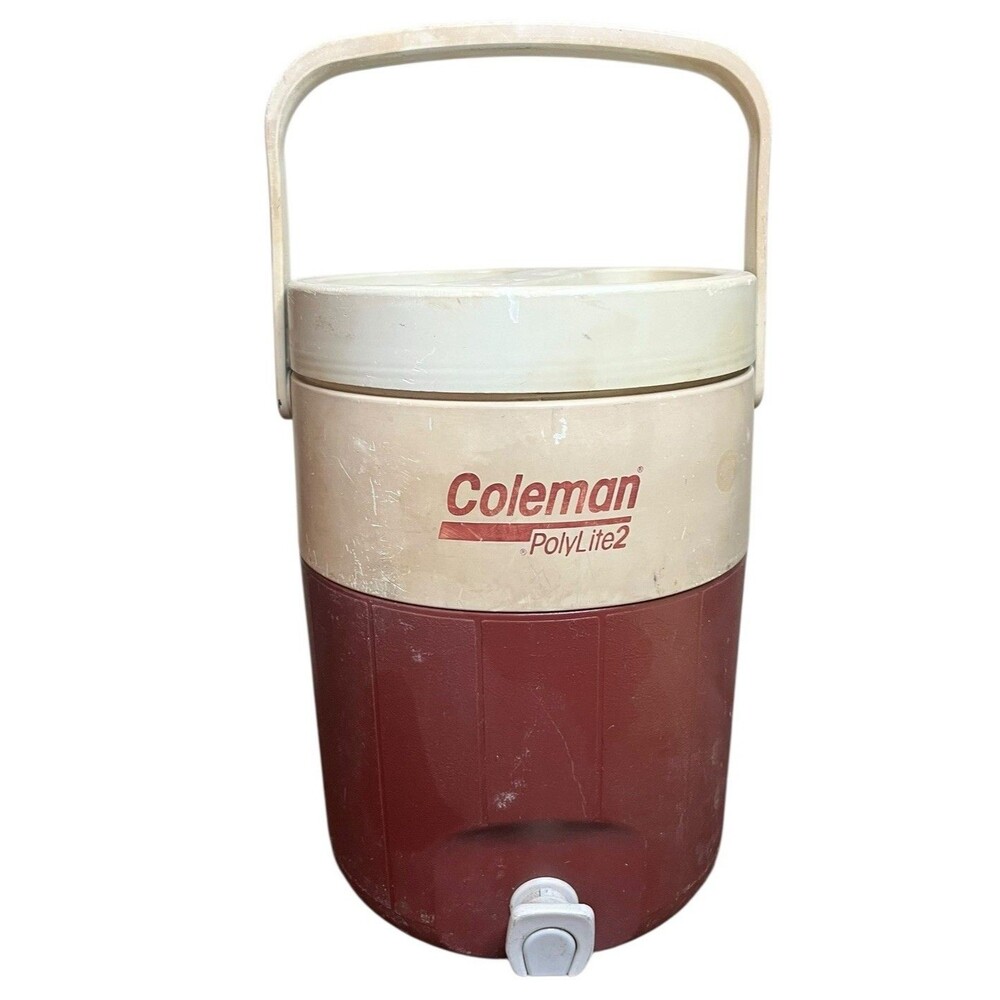 Vtg Coleman Polylite 2 Maroon White 1 Gallon Jug Dual Spout Handle 5592A USA